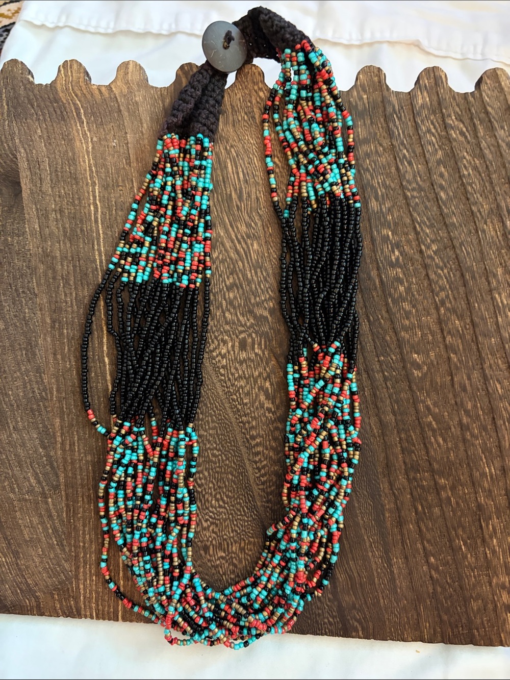 Multi-Strand Beaded Necklace in Turquoise, Red & Black